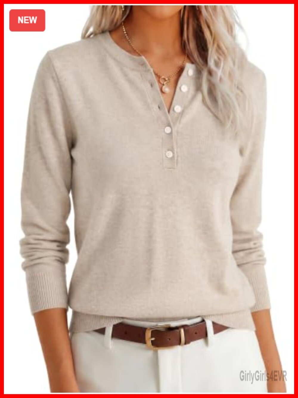 Women Henley Neck Long Sleeve Pullover Sweater Lightweight Fall Knit